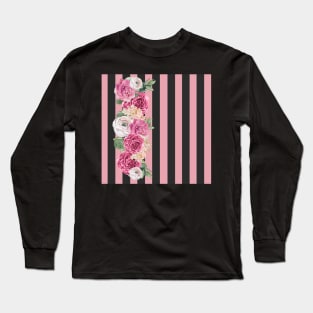 Pink flowers on Black Stripes / Pink roses / Black Pattern / Stripes Long Sleeve T-Shirt